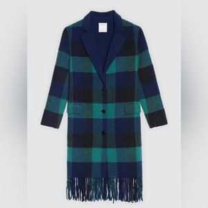 Sandro Tartan Blue Fringe Wool Coat - Sz. 38 (Small)
